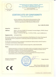 Certificate of conformity on the compliance of the technical documentation of the Machines For Grain Cleaning and Sorting Series ALFA with the requirements of the Directive 2006/42/EC 